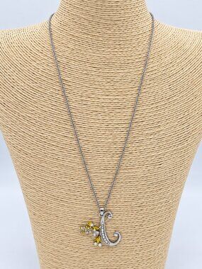 Fairy Letter C Pendant Necklace Silver Tone Yellow Crystal Accent